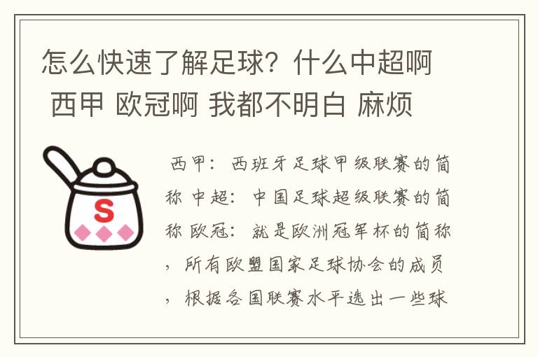 怎么快速了解足球？什么中超啊 西甲 欧冠啊 我都不明白 麻烦 有哪位特别了解足球的 跟我讲讲，多谢