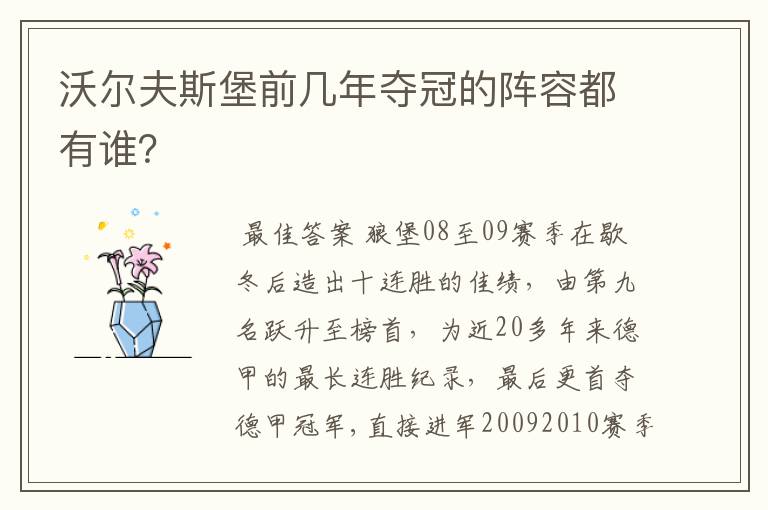 沃尔夫斯堡前几年夺冠的阵容都有谁？