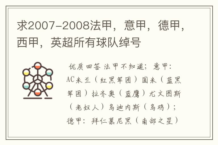 求2007-2008法甲，意甲，德甲，西甲，英超所有球队绰号