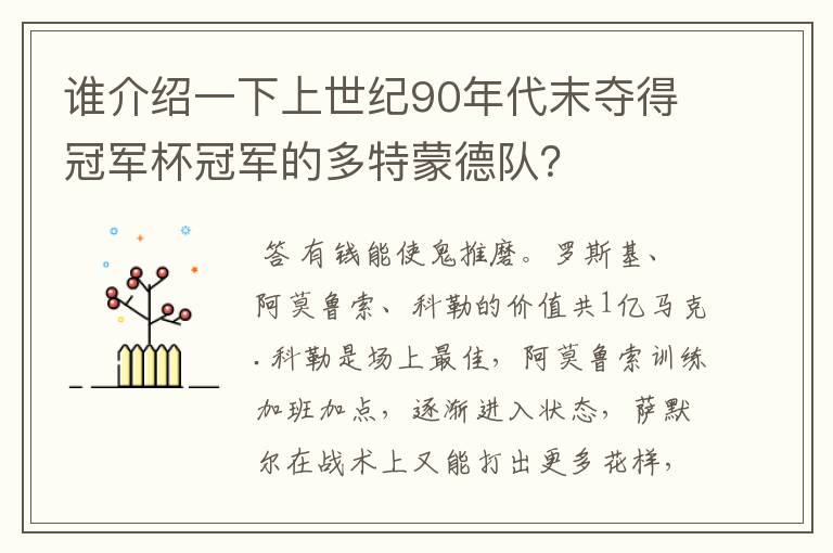 谁介绍一下上世纪90年代末夺得冠军杯冠军的多特蒙德队？