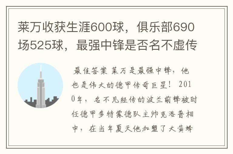 莱万收获生涯600球，俱乐部690场525球，最强中锋是否名不虚传？