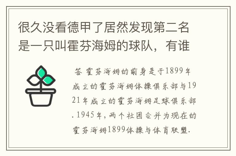 很久没看德甲了居然发现第二名是一只叫霍芬海姆的球队，有谁知道吗