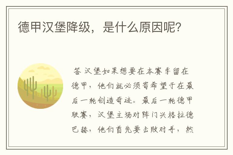 德甲汉堡降级，是什么原因呢？