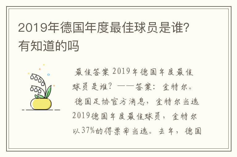 2019年德国年度最佳球员是谁？有知道的吗