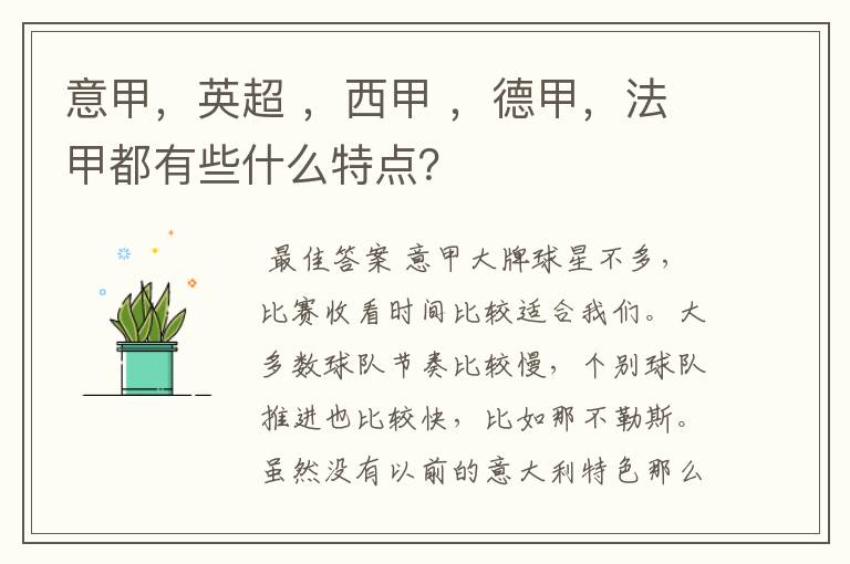 意甲，英超 ，西甲 ，德甲，法甲都有些什么特点？