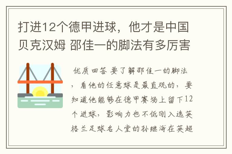 打进12个德甲进球，他才是中国贝克汉姆 邵佳一的脚法有多厉害