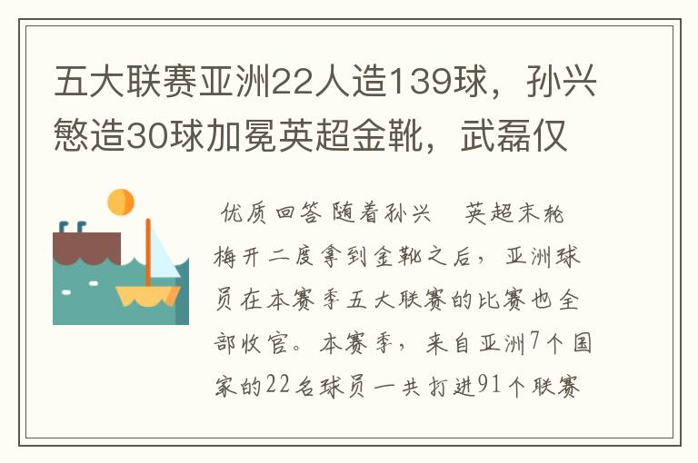 五大联赛亚洲22人造139球，孙兴慜造30球加冕英超金靴，武磊仅1球