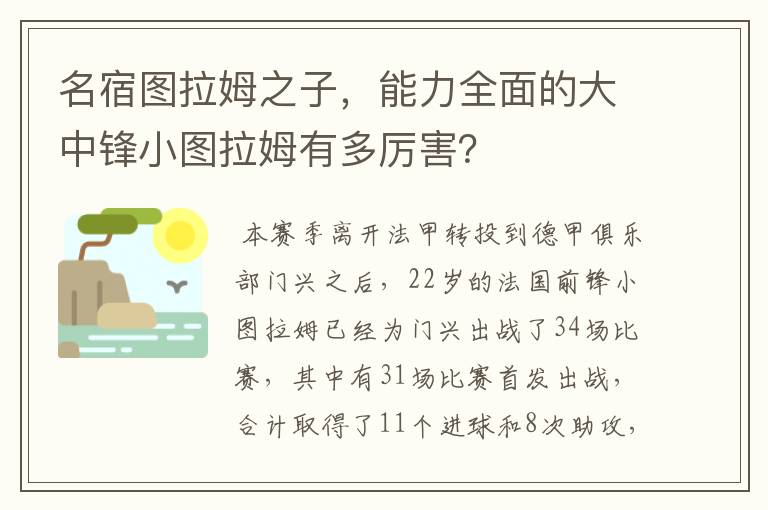 名宿图拉姆之子，能力全面的大中锋小图拉姆有多厉害？