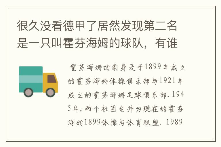 很久没看德甲了居然发现第二名是一只叫霍芬海姆的球队，有谁知道吗