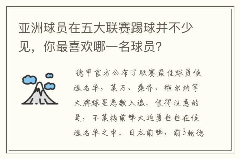 亚洲球员在五大联赛踢球并不少见，你最喜欢哪一名球员？