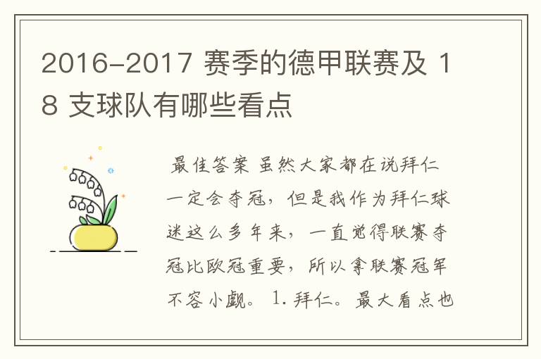 2016-2017 赛季的德甲联赛及 18 支球队有哪些看点