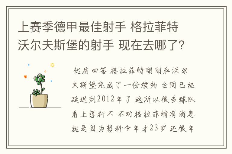 上赛季德甲最佳射手 格拉菲特 沃尔夫斯堡的射手 现在去哪了？