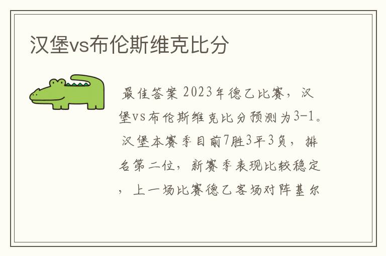 汉堡vs布伦斯维克比分