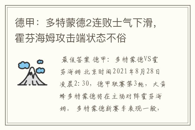 德甲：多特蒙德2连败士气下滑，霍芬海姆攻击端状态不俗