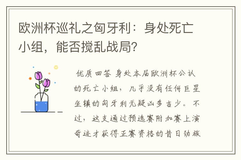 欧洲杯巡礼之匈牙利：身处死亡小组，能否搅乱战局？