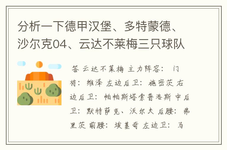 分析一下德甲汉堡、多特蒙德、沙尔克04、云达不莱梅三只球队的人员打法和阵型