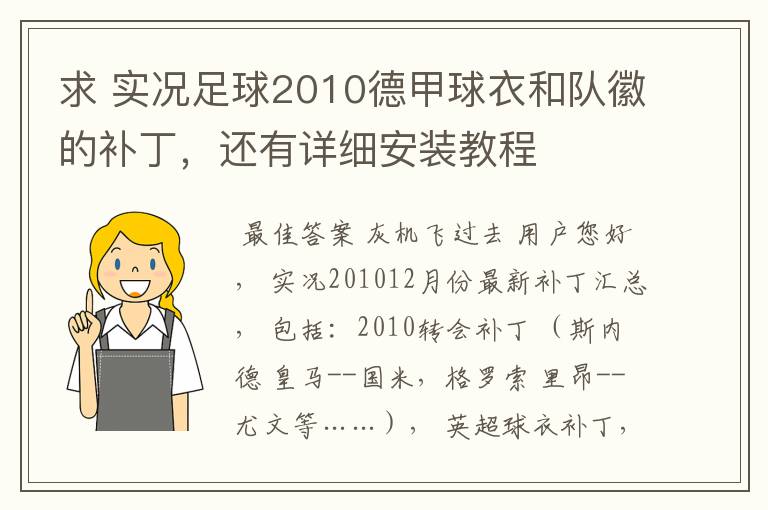 求 实况足球2010德甲球衣和队徽的补丁，还有详细安装教程