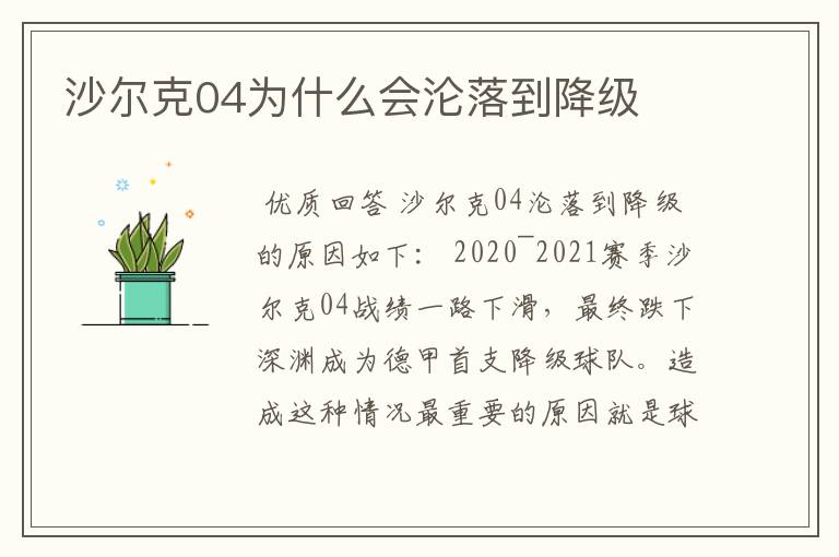 沙尔克04为什么会沦落到降级