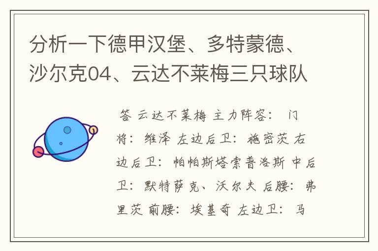 分析一下德甲汉堡、多特蒙德、沙尔克04、云达不莱梅三只球队的人员打法和阵型