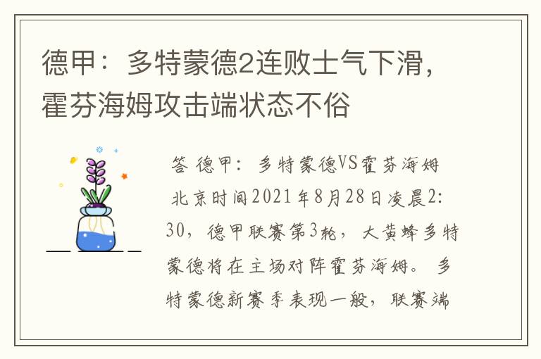 德甲：多特蒙德2连败士气下滑，霍芬海姆攻击端状态不俗