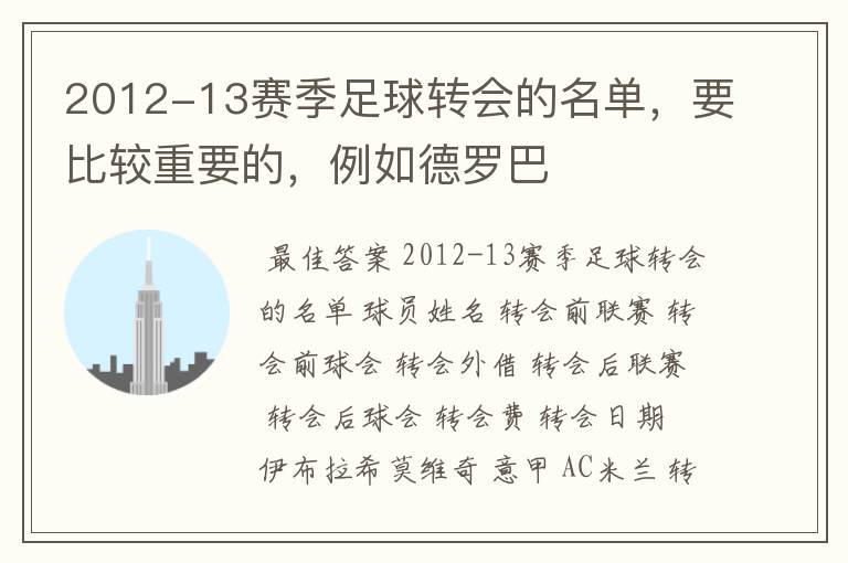 2012-13赛季足球转会的名单，要比较重要的，例如德罗巴