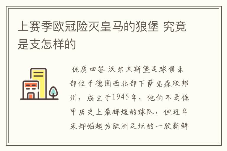 上赛季欧冠险灭皇马的狼堡 究竟是支怎样的