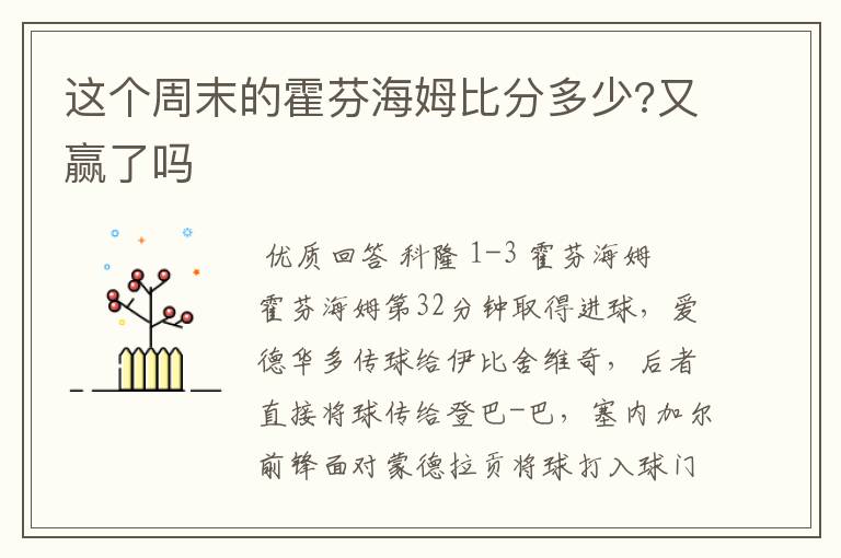 这个周末的霍芬海姆比分多少?又赢了吗