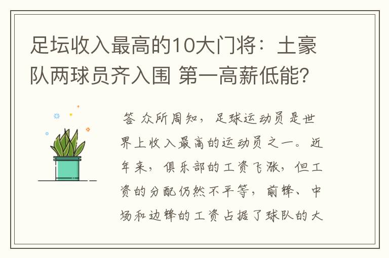 足坛收入最高的10大门将：土豪队两球员齐入围 第一高薪低能？