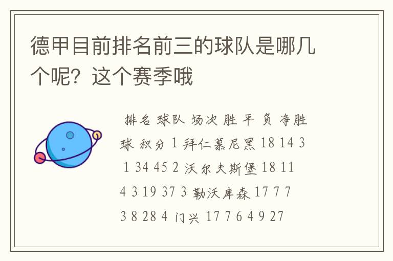 德甲目前排名前三的球队是哪几个呢？这个赛季哦