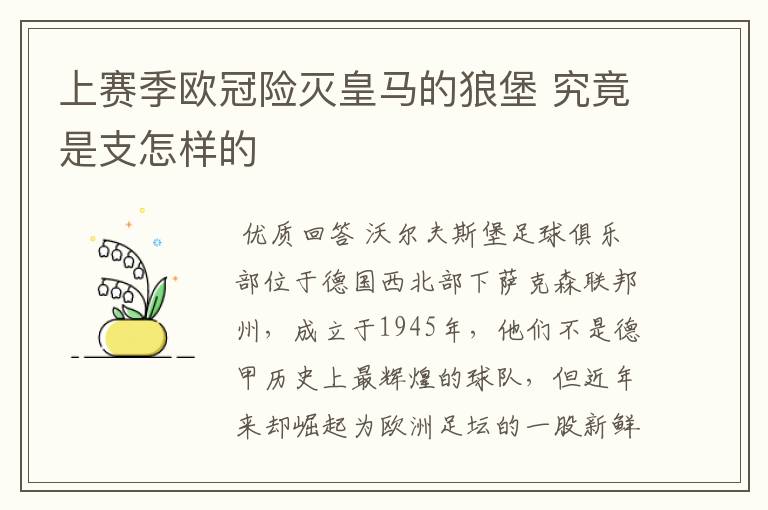 上赛季欧冠险灭皇马的狼堡 究竟是支怎样的