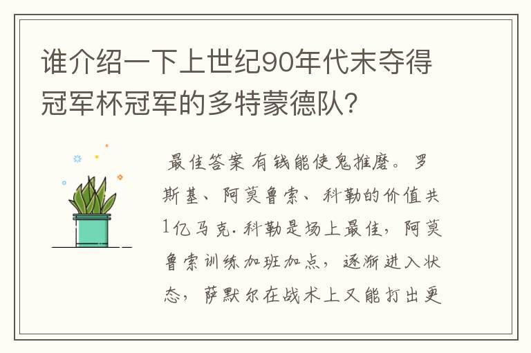 谁介绍一下上世纪90年代末夺得冠军杯冠军的多特蒙德队？