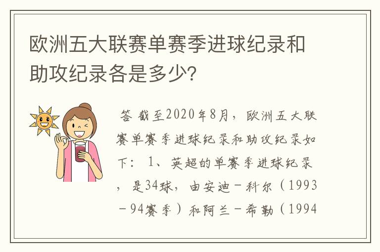 欧洲五大联赛单赛季进球纪录和助攻纪录各是多少？