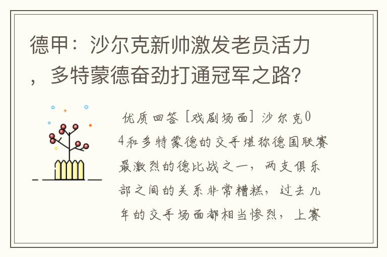 德甲：沙尔克新帅激发老员活力，多特蒙德奋劲打通冠军之路？