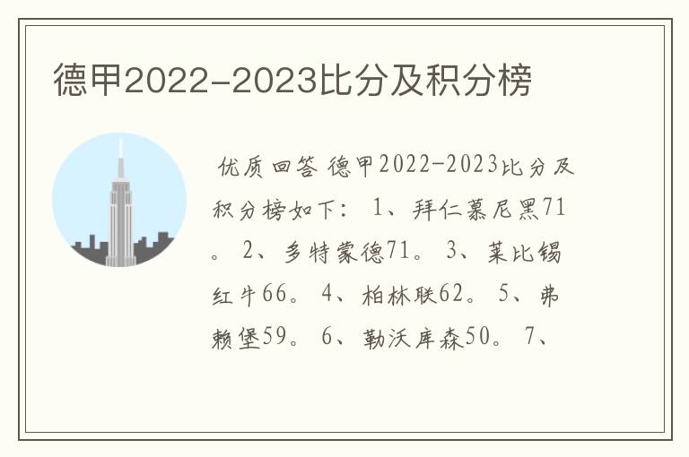 德甲2022-2023比分及积分榜