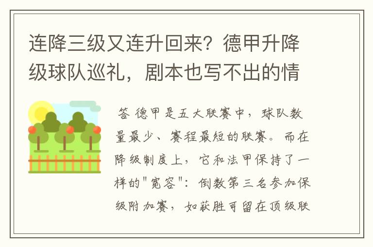 连降三级又连升回来？德甲升降级球队巡礼，剧本也写不出的情节