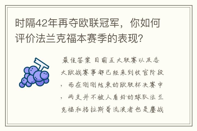 时隔42年再夺欧联冠军，你如何评价法兰克福本赛季的表现？