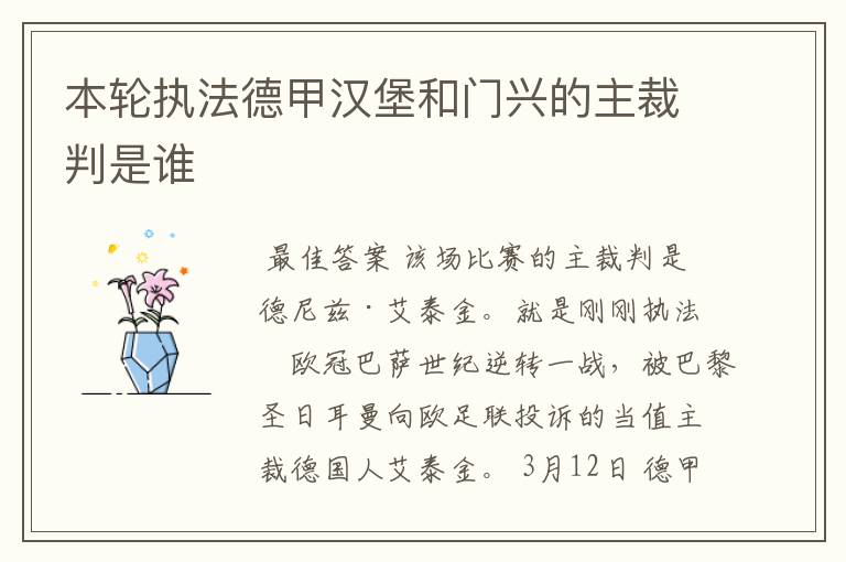 本轮执法德甲汉堡和门兴的主裁判是谁