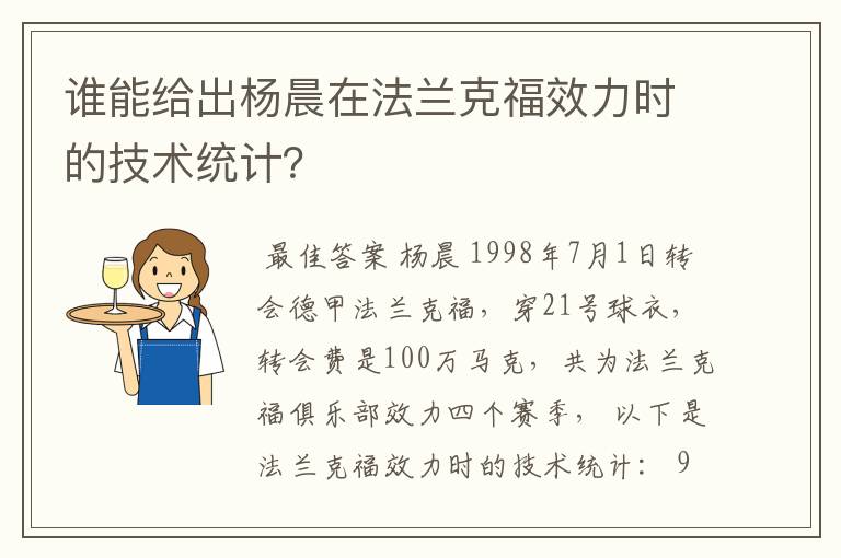 谁能给出杨晨在法兰克福效力时的技术统计？