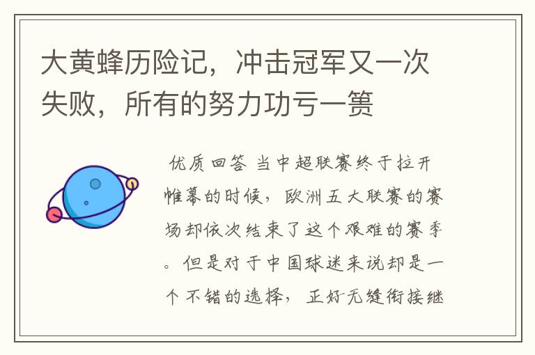 大黄蜂历险记,冲击冠军又一次失败,所有的努力功亏一篑