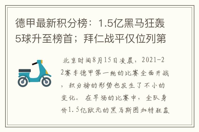 德甲最新积分榜：1.5亿黑马狂轰5球升至榜首；拜仁战平仅位列第7