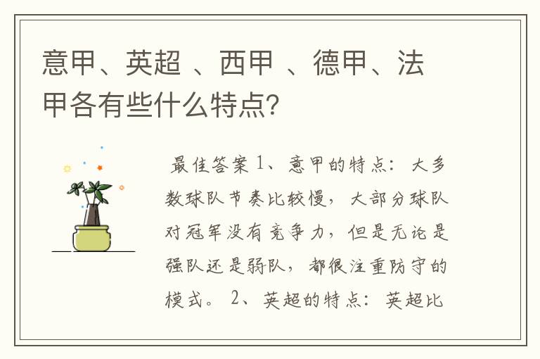 意甲、英超 、西甲 、德甲、法甲各有些什么特点？