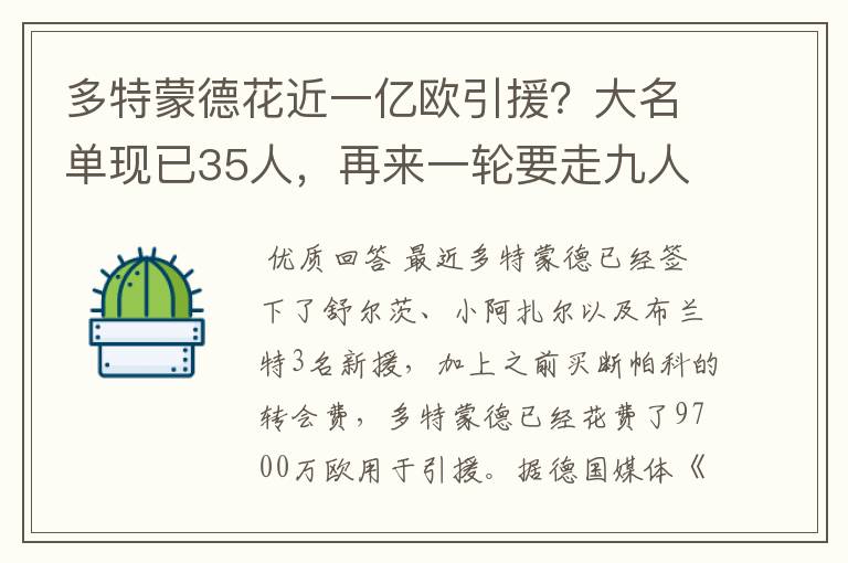 多特蒙德花近一亿欧引援？大名单现已35人，再来一轮要走九人