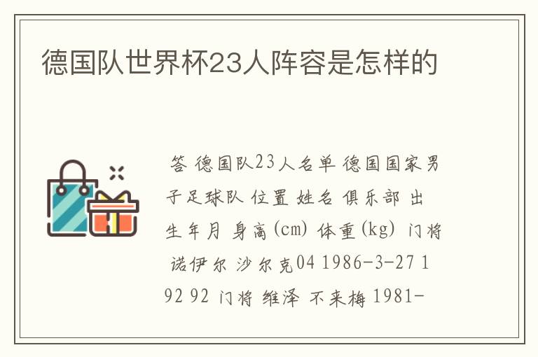 德国队世界杯23人阵容是怎样的