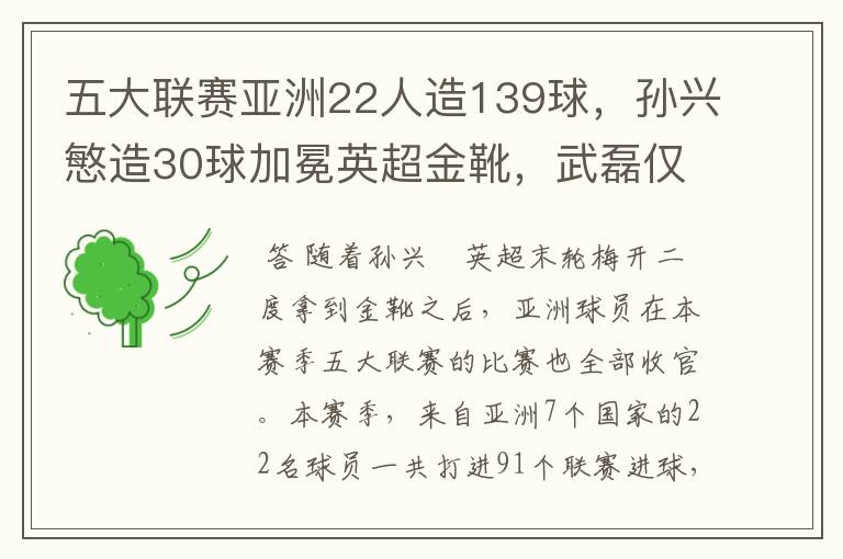 五大联赛亚洲22人造139球，孙兴慜造30球加冕英超金靴，武磊仅1球