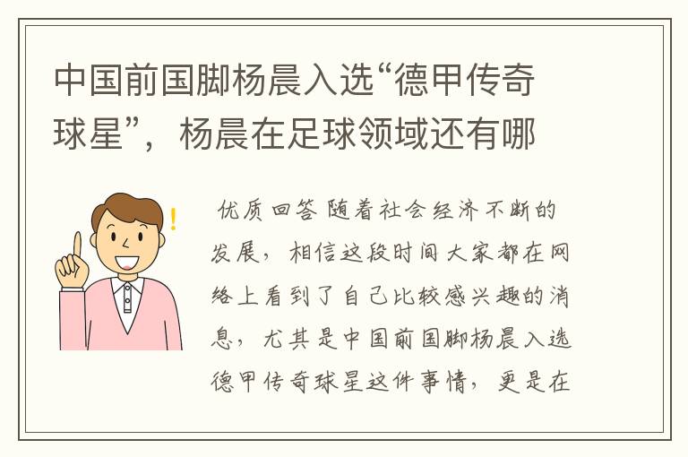 中国前国脚杨晨入选“德甲传奇球星”，杨晨在足球领域还有哪些成就？