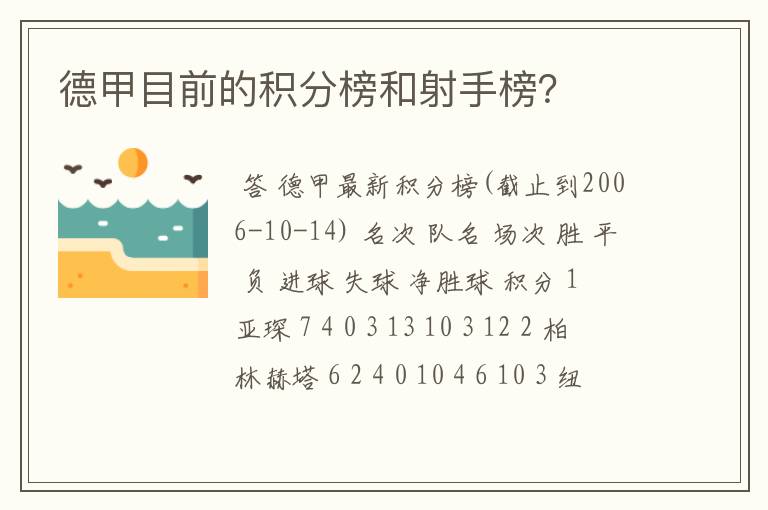 德甲目前的积分榜和射手榜？