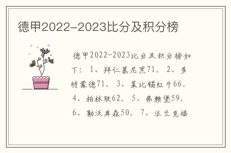 德甲2022-2023比分及积分榜