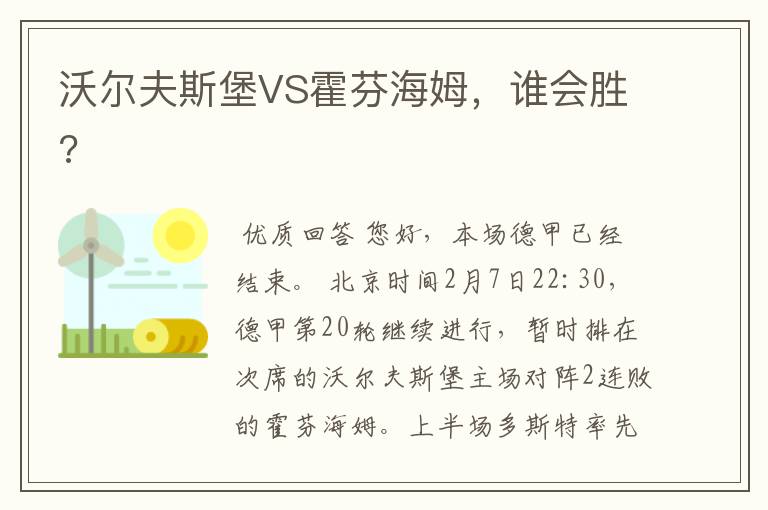 沃尔夫斯堡VS霍芬海姆，谁会胜?