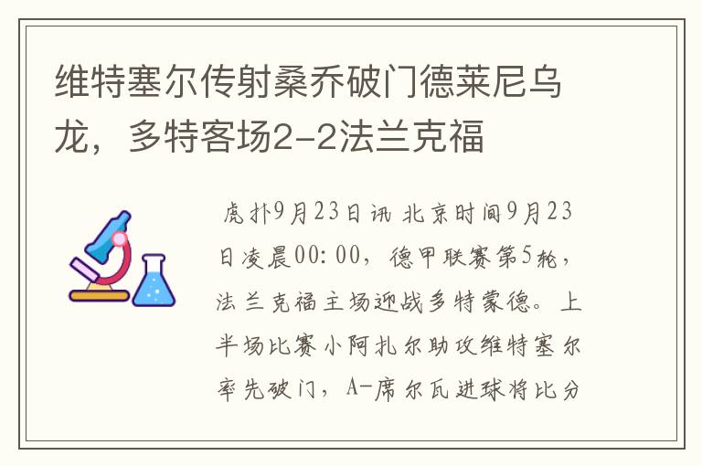 维特塞尔传射桑乔破门德莱尼乌龙，多特客场2-2法兰克福