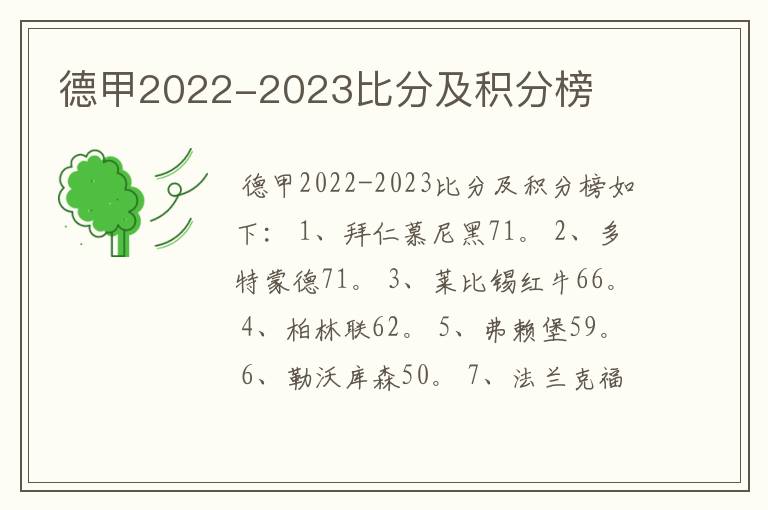 德甲2022-2023比分及积分榜